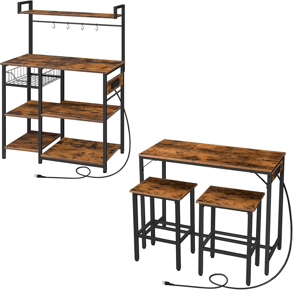 HOOBRO Kitchen Bakers Rack, Rustic Brown 3-Piece Bar Table Set with Power Outlet BF05UHB01-BF45UBT01