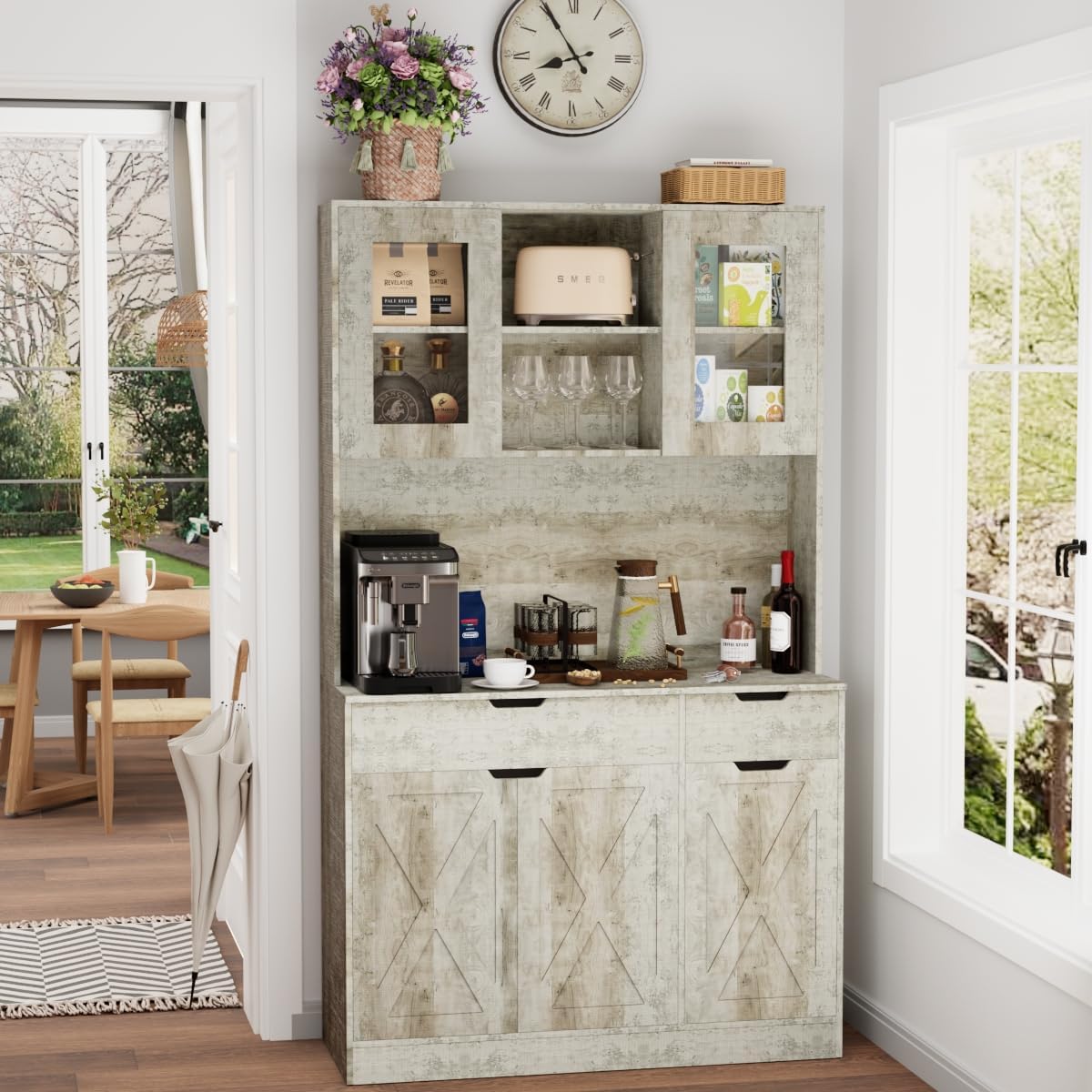71' Tall Kitchen Pantry Storage Cabinet Large Farmhouse Hutch Cabinet with Microwave Stand, Charging Station, Adjustable Shelves, Countertop for Dining Room, Living Room, Grey