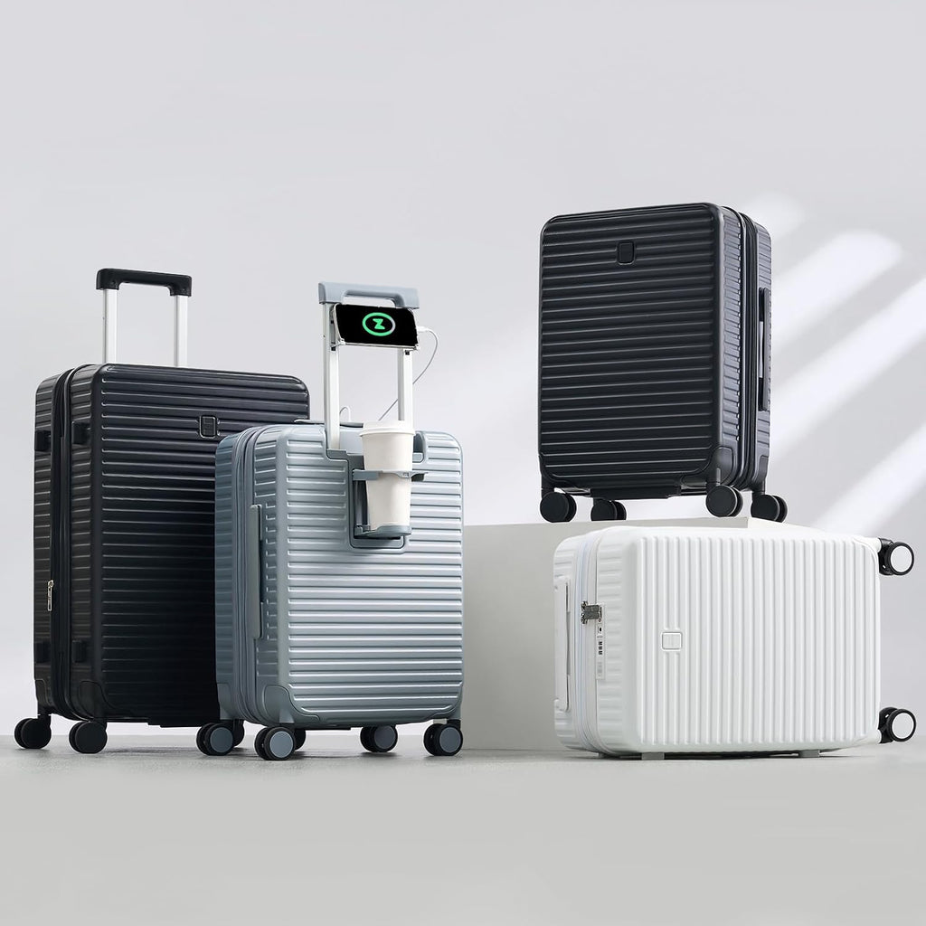 HanTrip Hard Shell Suitcases Travel Expandable Luggage, 24 Inch Check in Luggage with Spinner Wheels Cup Holder Charger Built in, Checked Medium Suitcase Lightweight Suitcases, White