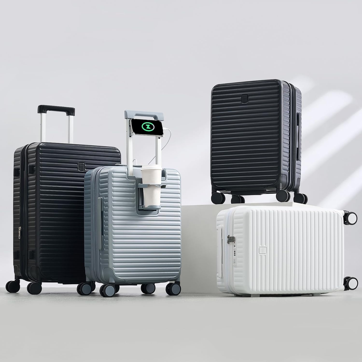 HanTrip Hard Shell Suitcases Travel Expandable Luggage, 24 Inch Check in Luggage with Spinner Wheels Cup Holder Charger Built in, Checked Medium Suitcase Lightweight Suitcases, White