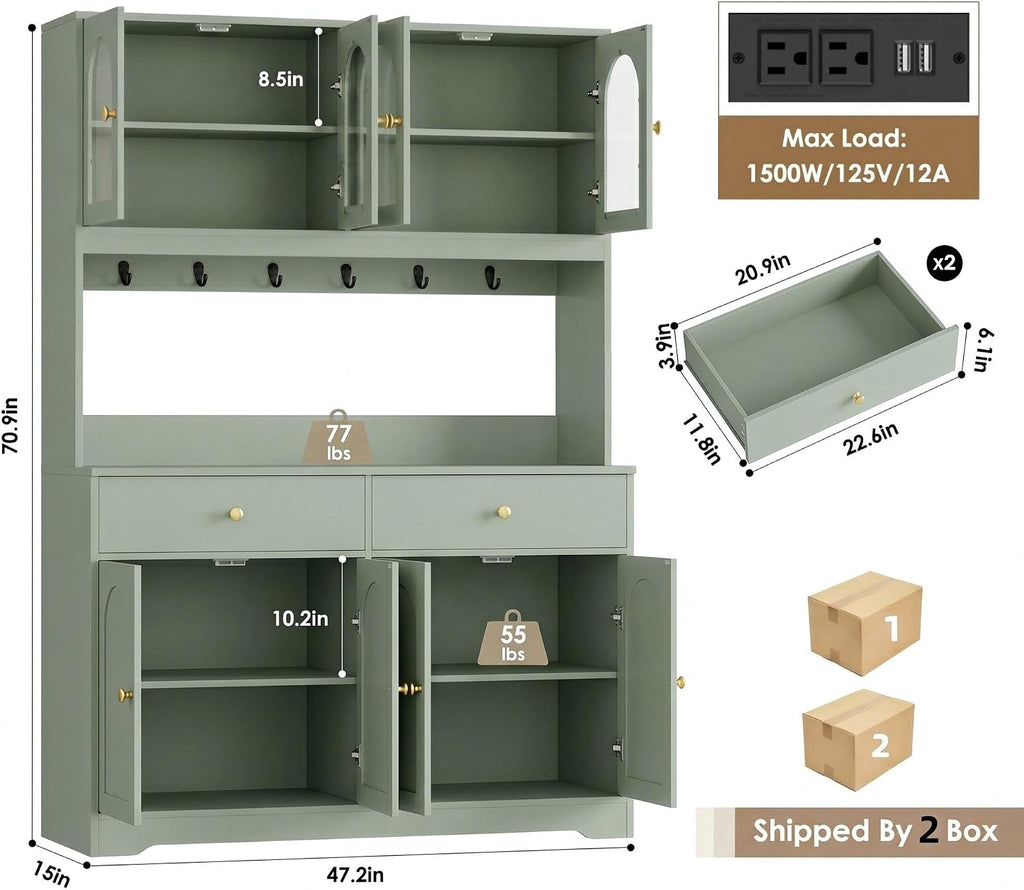 HIFIT 71' LED Kitchen Pantry Cabinet with Power Outlet, Large Kitchen Hutch Cabinet with 2 Storage Drawers & Arched Door, Countertop & Hooks, Tall China Bar for Dining Living Room (Green)