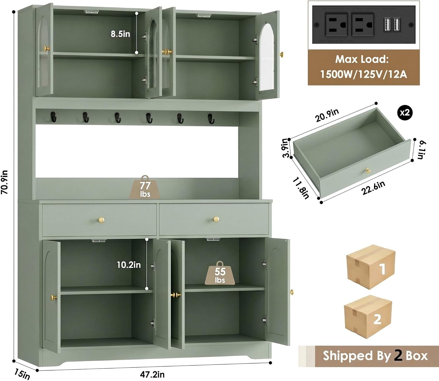 HIFIT 71' LED Kitchen Pantry Cabinet with Power Outlet, Large Kitchen Hutch Cabinet with 2 Storage Drawers & Arched Door, Countertop & Hooks, Tall China Bar for Dining Living Room (Green)