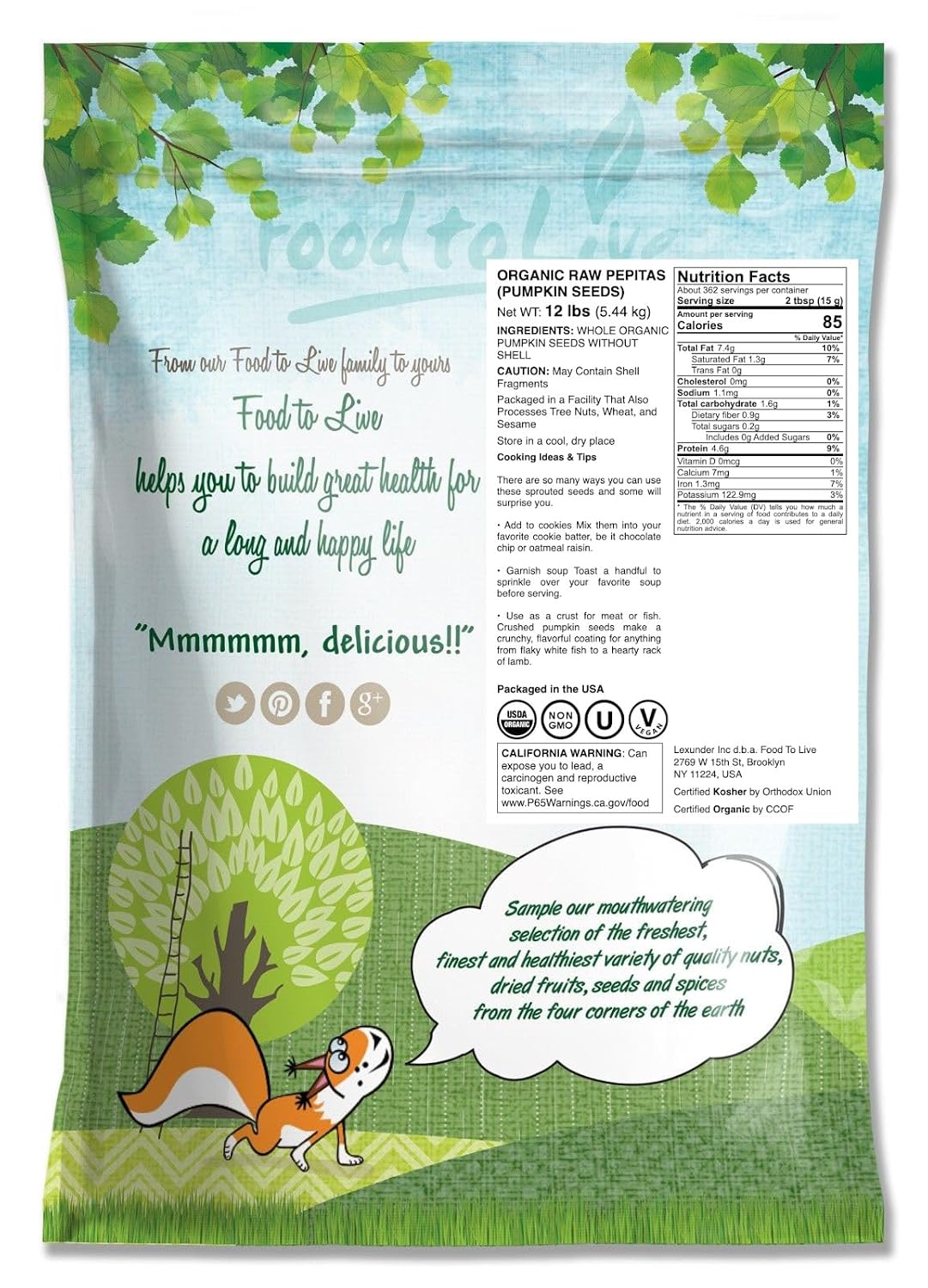 Food to Live Organic Raw Pepitas, 12 Pounds — Non-GMO, Pumpkin Seed Kernels, Unsalted, No Oil, No Shell, Vegan, Kosher, Bulk. Keto Snack.