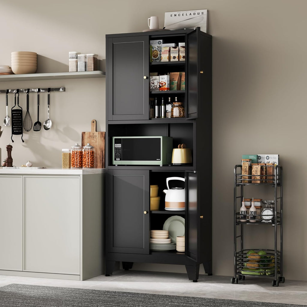 YAUWOH 69' Tall Metal Pantry Cabinet with Microwave Shelf, 4 Doors & 3 Adjustable Shelves, 120LBS Per Shelf Heavy Duty Storage Cabinet with Anti-Tip Design for Kitchen,Dining Room (1PC,Black)