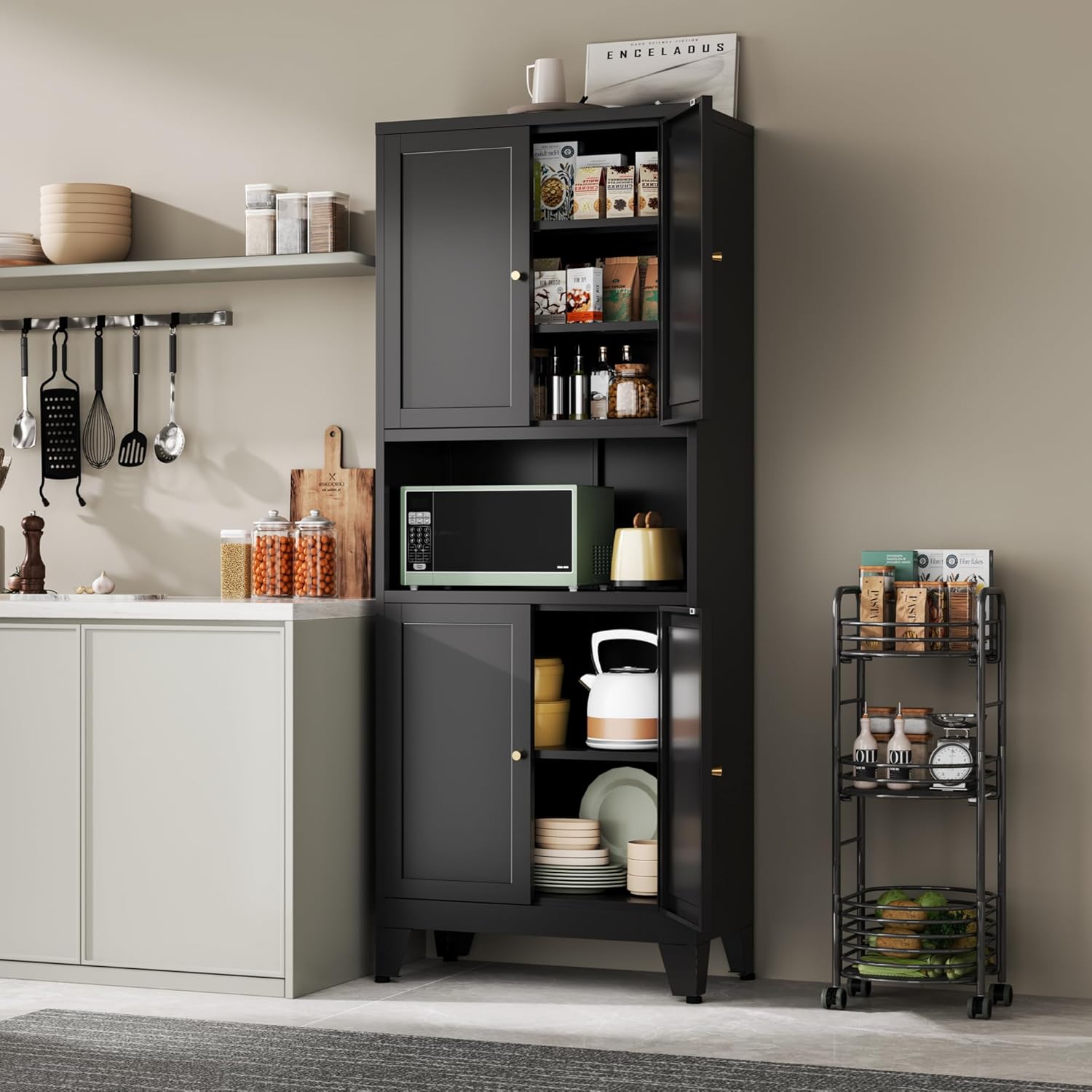 YAUWOH 69' Tall Metal Pantry Cabinet with Microwave Shelf, 4 Doors & 3 Adjustable Shelves, 120LBS Per Shelf Heavy Duty Storage Cabinet with Anti-Tip Design for Kitchen,Dining Room (1PC,Black)
