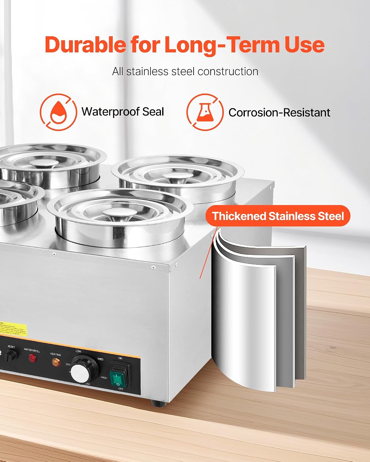 VEVOR Electric Soup Warmer, Four 6.34QT Stainless Steel Round Pot with 86~185°F Adjustable Temp, 1500W Commercial Bain Marie with Anti-Dry Burn and Reset Button, Soup Station for Restaurant, Buffet