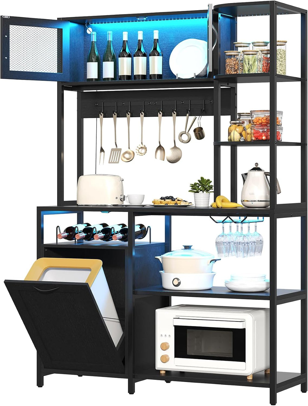 Bakers Rack with Power Outlet and LED Light, 6-Tier Commercial Bakery Racks, Kitchen Microwave Stand with Storage Cabinet, Kitchen Tilt Out Trash Cabinet, 15.8' D x 42.5' W x 67.8' H, Black