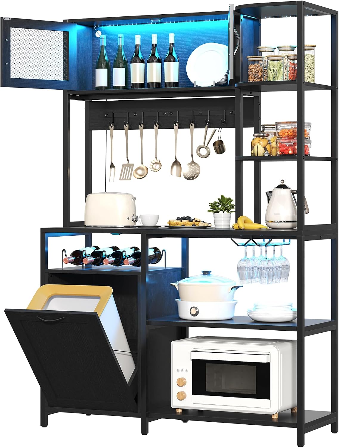 Bakers Rack with Power Outlet and LED Light, 6-Tier Commercial Bakery Racks, Kitchen Microwave Stand with Storage Cabinet, Kitchen Tilt Out Trash Cabinet, 15.8' D x 42.5' W x 67.8' H, Black