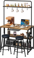 GAOMON 42' Kitchen Island Table Baker Rack with Power Outlet & 2 Bar Stools, Kitchen Storage Shelf with 3-Tier Storage & 5 Hooks, Microwave Stand Coffee Bar Table for Dining Living Room (Natural)