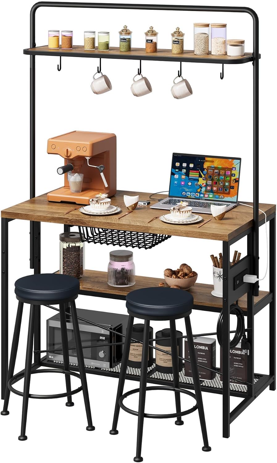 Industrial Kitchen Island Dining Table with Power Outlet & Storage, 2 Bar Stools, 3-Tier Bakers Rack, 5 Hooks, Microwave Stand, Coffee Bar – Space-Saving Design – 42 Inch – Annual Ring Grain