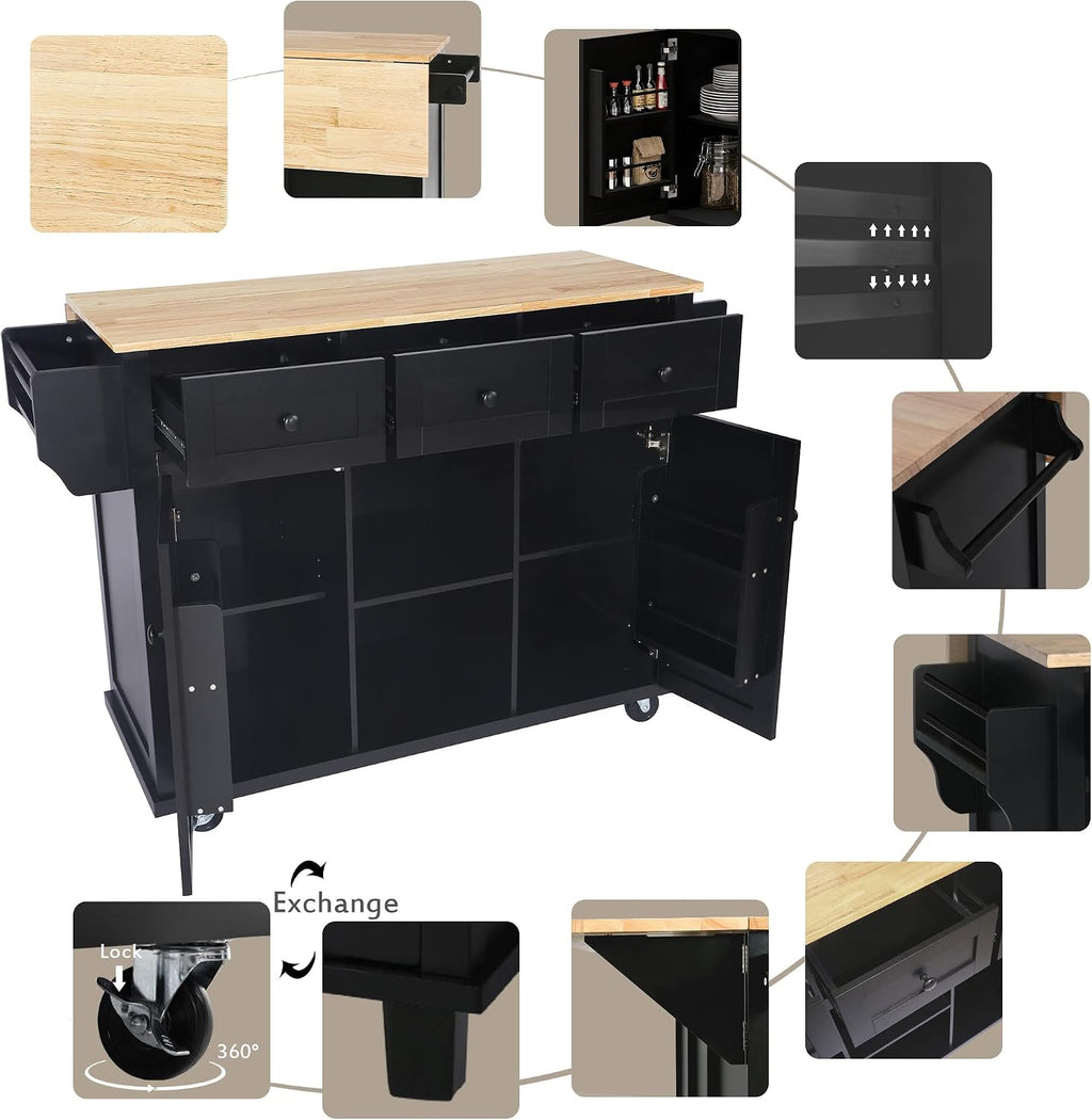Modern Kitchen Island on 5 Wheels with Storage Cabinet and Drop-Leaf Countertop, Kitchen Cart with Cabinet Door Internal Storage Racks and 3 Drawers for Dinning Room (Black#M)