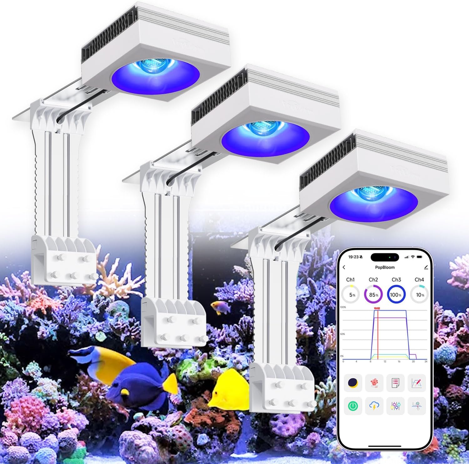 NEW PopBloom 3xRL115 WiFi & APP Programmable LED Reef Aquarium Light 360W for 60' 72' Marine SPS LPS Corals & Saltwater Tanks (RL115 with Arm Kitx3)