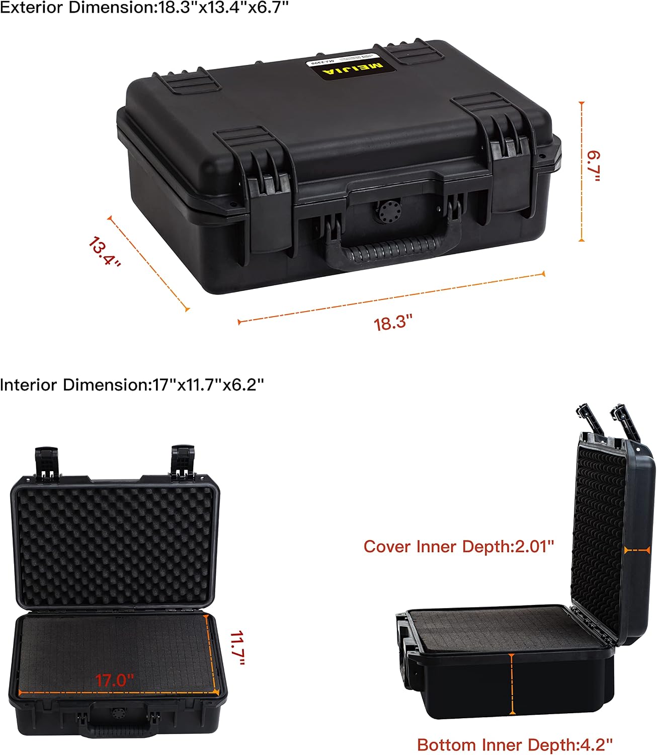 MEIJIA Premium Waterproof Hard Compact Camera Case with customizable fit foam,Full Protection with Light&Convenient Design,18.3'x13.4'x6.7',Elegant Black