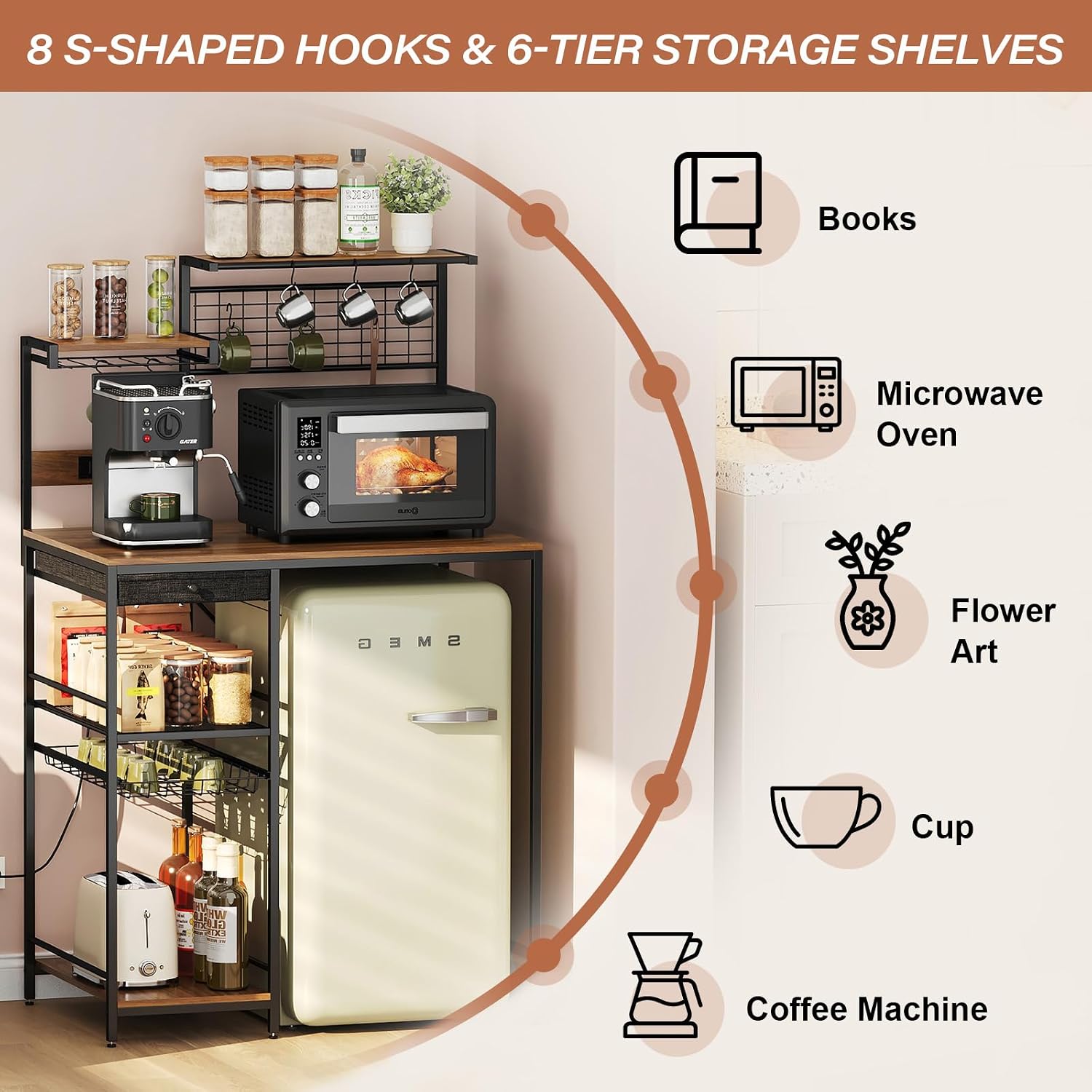 Fixed Kitchen Storage Shelf with Outlets & USB | Heavy Duty Baker's Rack with Pull-Out Basket & Hooks, Holds Microwave, Coffee Maker, Spice Organizer for Pantry, Kitchen, Apartment
