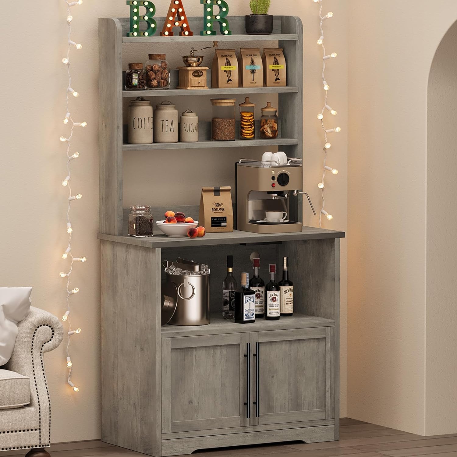 Bakers Rack with Storage Cabinet, Microwave Stand with Power Outlets, Tall Versatile Storage Shelf with Thick Tabletop, for Kitchen,Dining Room