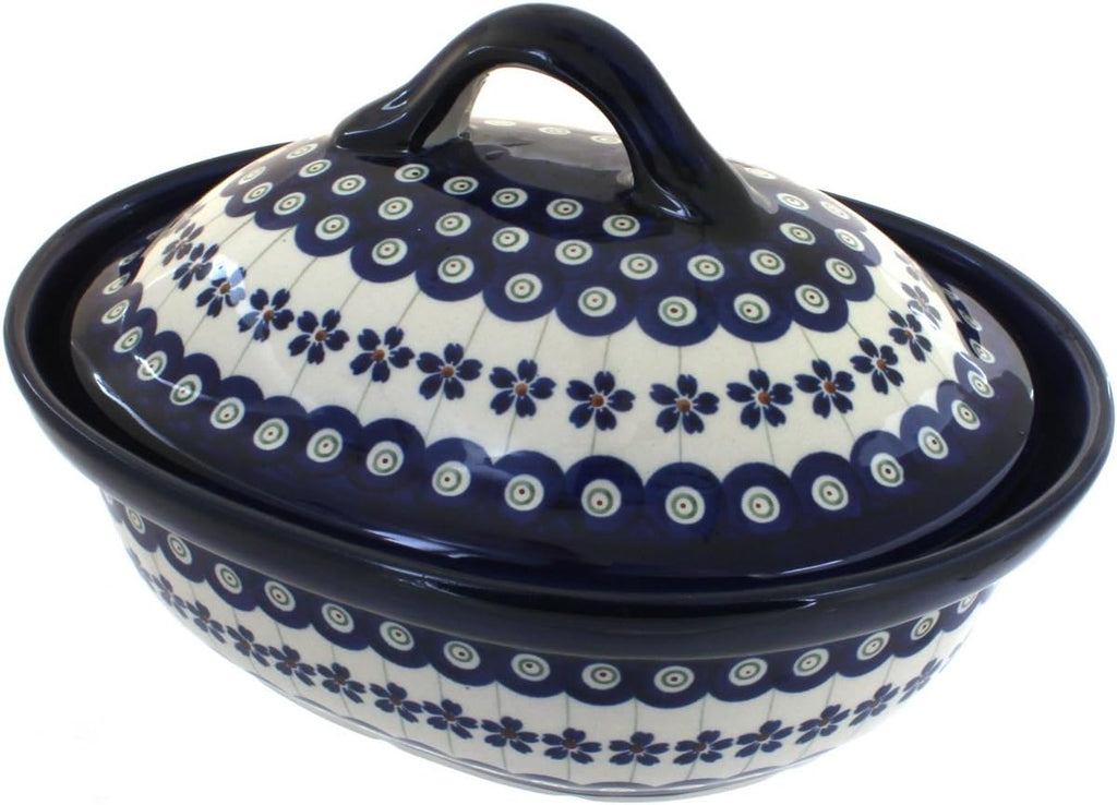 Blue Rose Polish Pottery - Blue Flowering Peacock Small Oval Baker with Lid - 4 Cup Capacity - Unique, Dishwasher Safe, & Durable Bakeware
