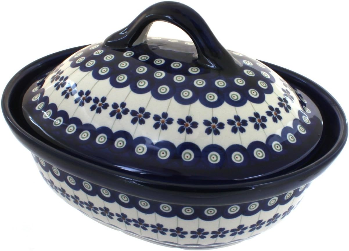 Blue Rose Polish Pottery - Blue Flowering Peacock Small Oval Baker with Lid - 4 Cup Capacity - Unique, Dishwasher Safe, & Durable Bakeware