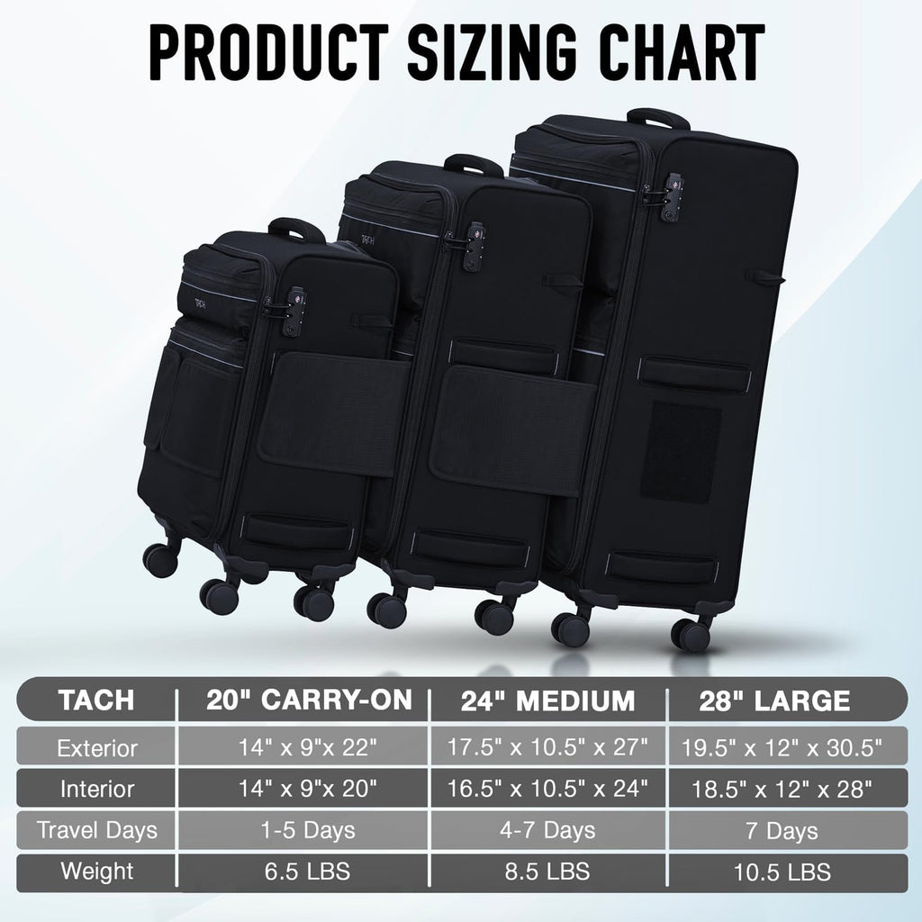 TACH LITE Samba Soft Connectable 2 Piece Luggage Sets - 20 & 28 inch Luggage | Small Carry On & Large Checked Suitcases | Patented Built-In Connecting System | Rolling Suitcase Links 6 Bags (Black)