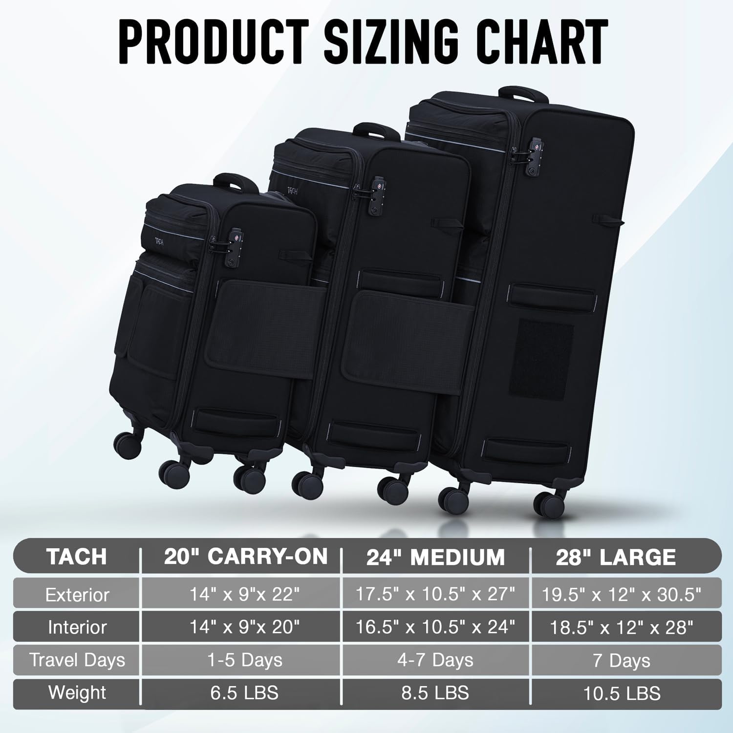 TACH LITE Samba Soft Connectable 2 Piece Luggage Sets - 20 & 28 inch Luggage | Small Carry On & Large Checked Suitcases | Patented Built-In Connecting System | Rolling Suitcase Links 6 Bags (Black)