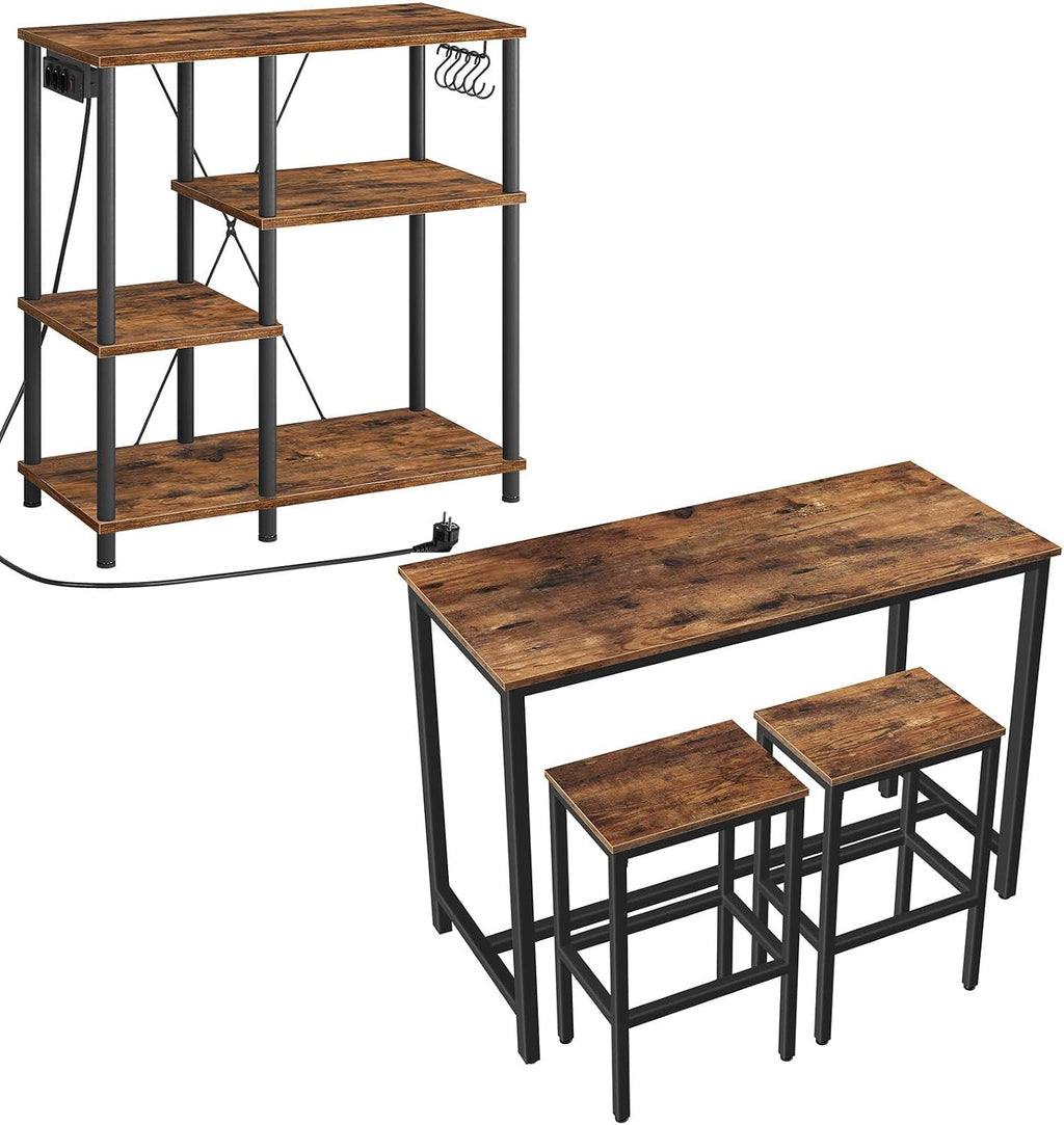 HOOBRO Bakers Rack with Power Outlet, Bar Table and Chairs Set, 47.2' Rectangular Pub 2 Stools, 3-Piece Breakfast Set for Kitchen Living Room BF07UHB01-BF52BT01
