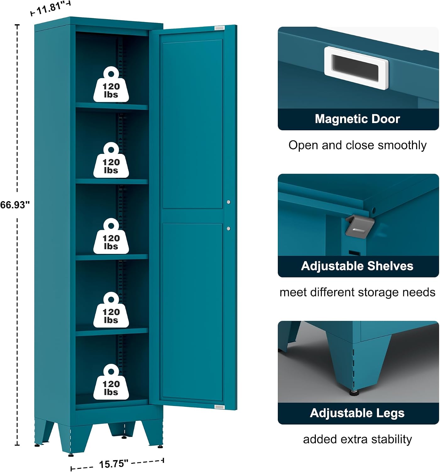 LCAOPC 67' Tall Narrow Bathroom Metal Storage Cabinet with 4 Adjustable Shelves, Freestanding 5 Tier Slim Pantry Storage Cabinet for Small Space, Peacock