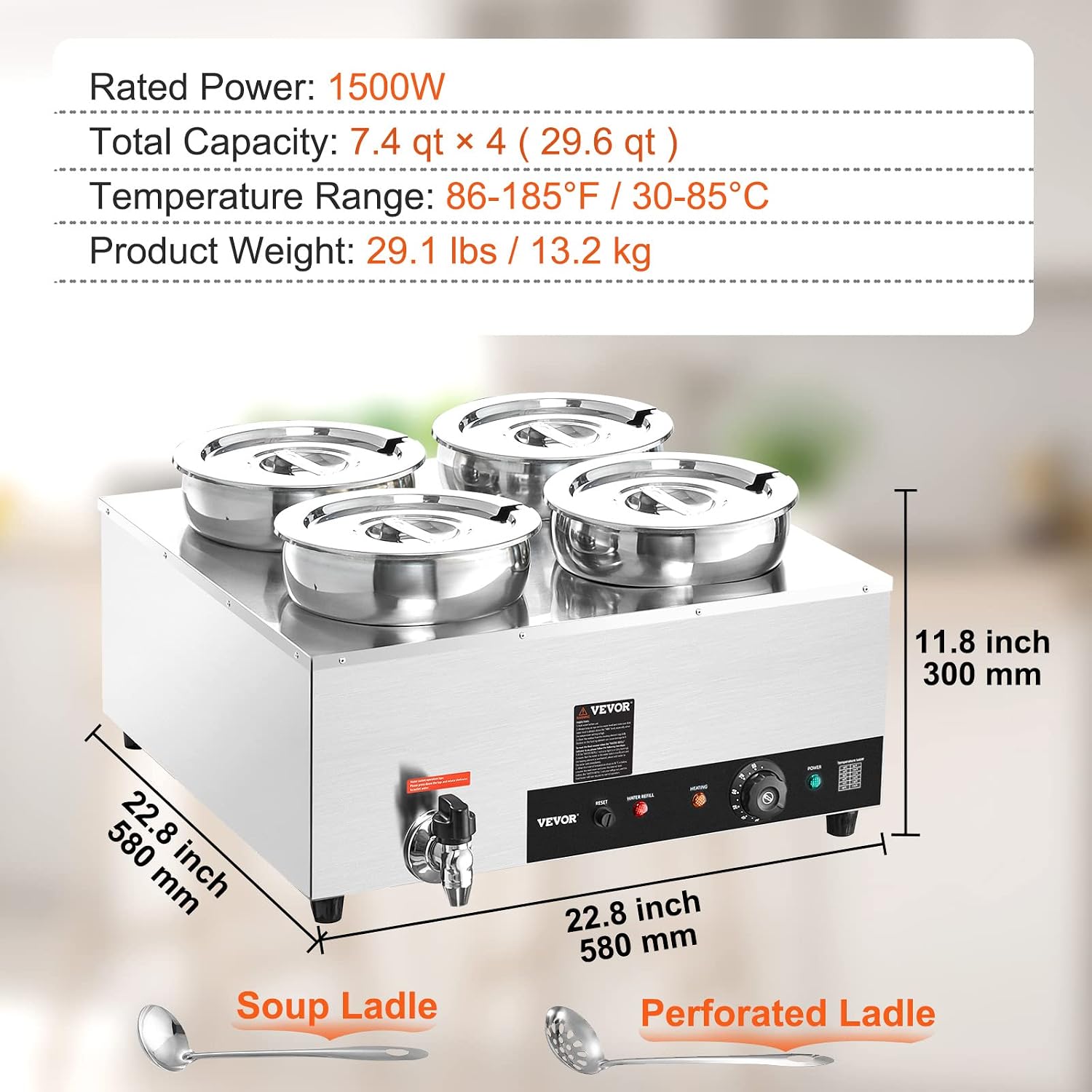 ETL Listed VEVOR Electric Soup Warmer, Four 7.4QT Stainless Steel Round Pot 86~185°F Adjustable Temp, 1500W Commercial Bain Marie with Anti-Dry Burn, Soup Station for Restaurant, Buffet, Silver