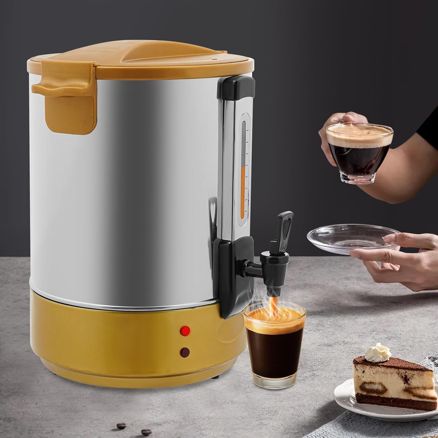 Commercial Coffee Urn 130 Cups Large Coffee Maker Electric Industrial Hot Water Dispenser Tea Maker Machine for Catering, Church, Restaurant with Dual Layer Stainless Steel Construction, Gold