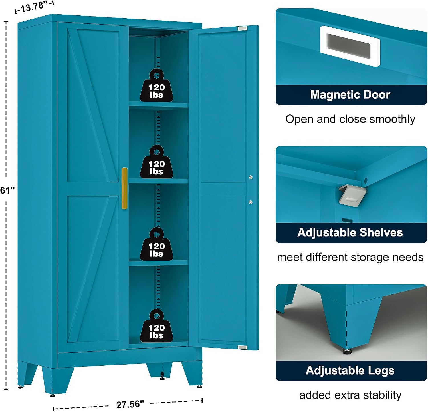 LCAOPC 61' Tall Metal Storage Cabinet with 2 Doors and 3 Adjustable Shelves, 4-Tier Kitchen Pantry Storage Cabinet for Kitchen, Living Room, Dining Room and Office, Blue