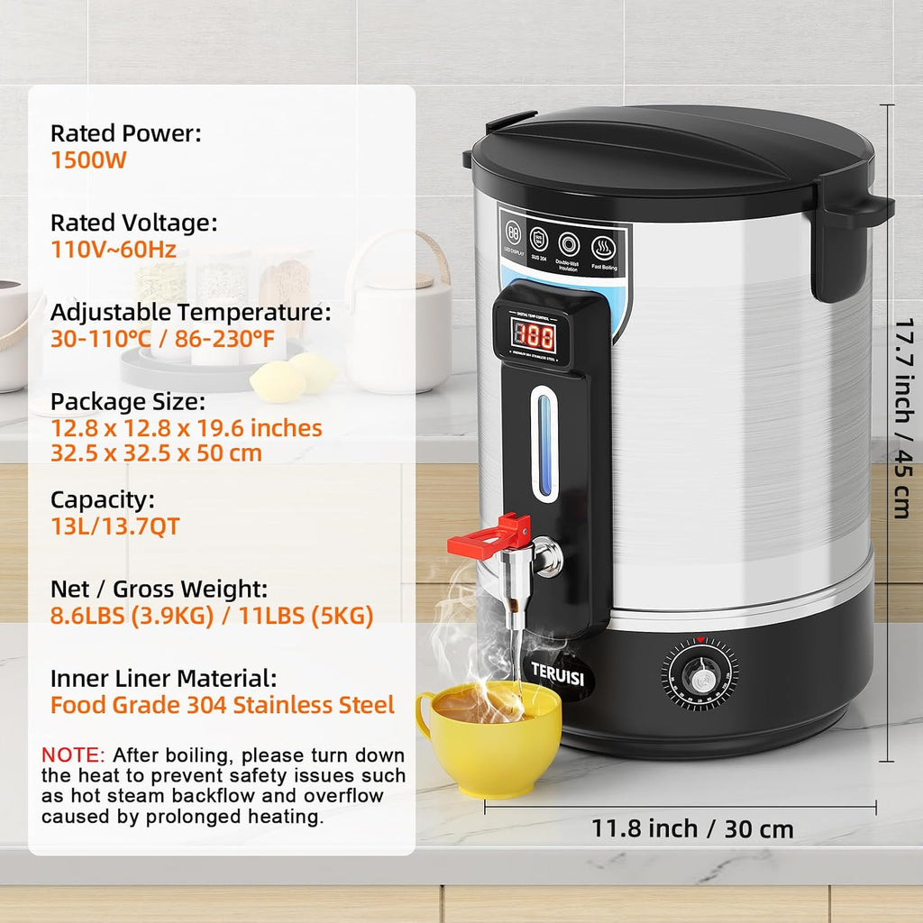 Electric Water Boiler, 13L/13.7QT Commercial Hot Water Dispenser, 1500W Hot Water Boiler Urn Beverage Dispenser with Stainless Steel Spigot, Doubled-Wall Insulation, Adjustable Temperature