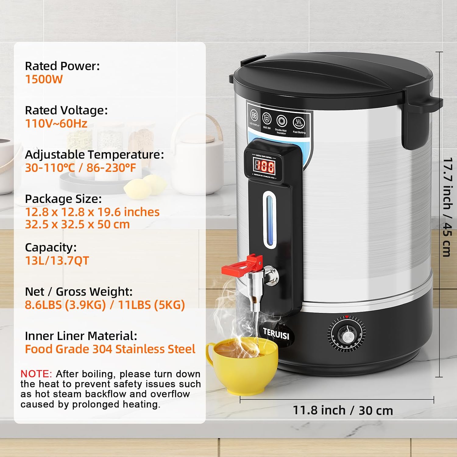 Electric Water Boiler, 13L/13.7QT Commercial Hot Water Dispenser, 1500W Hot Water Boiler Urn Beverage Dispenser with Stainless Steel Spigot, Doubled-Wall Insulation, Adjustable Temperature