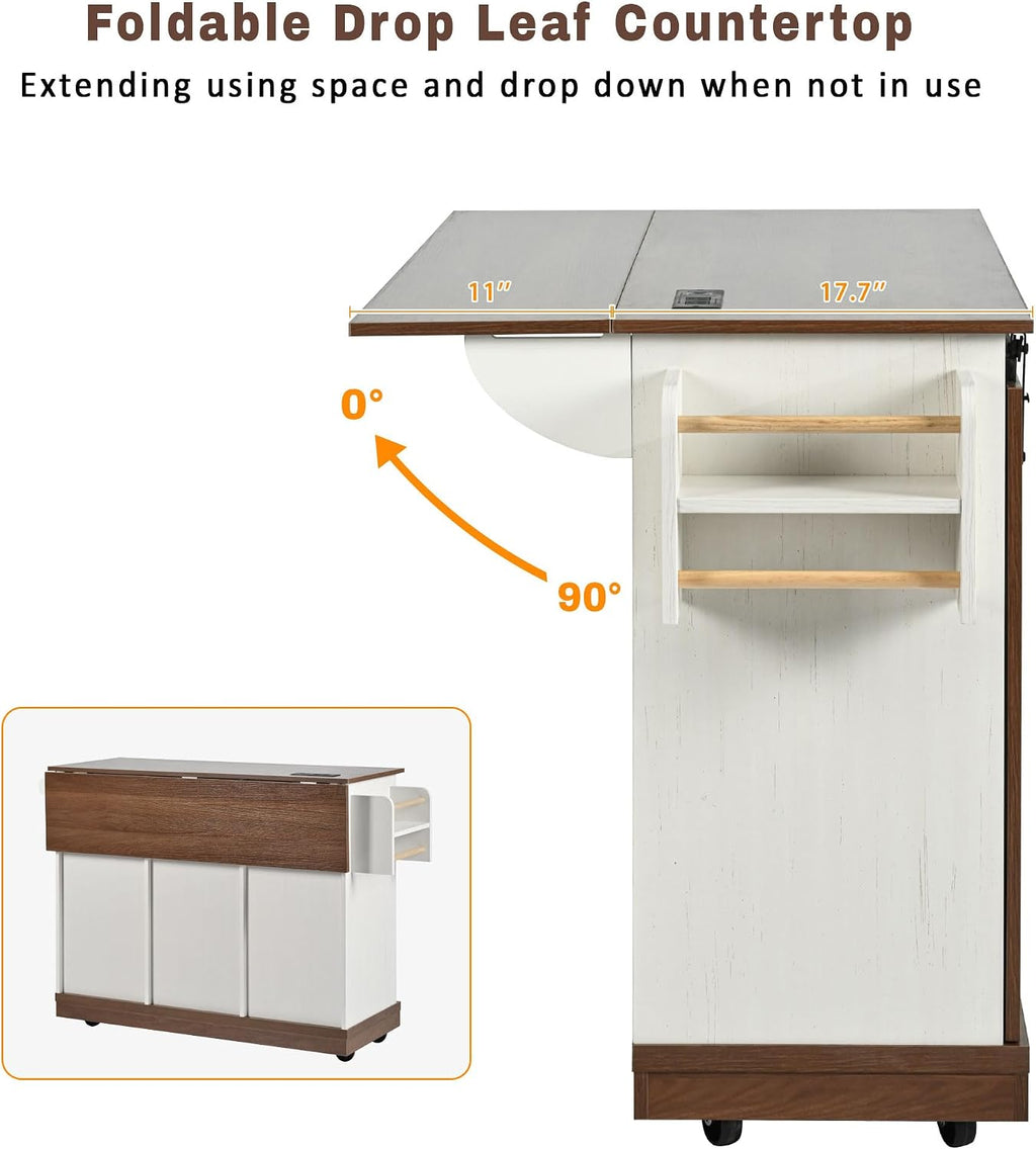 55.5' Farmhouse Kitchen Island with Drop Leaf, Barn Door and Power Outlet, Rolling Kitchen Cart on Wheels with Spice Rack, for Home, Kitchen, Dining Room (White+Brown)