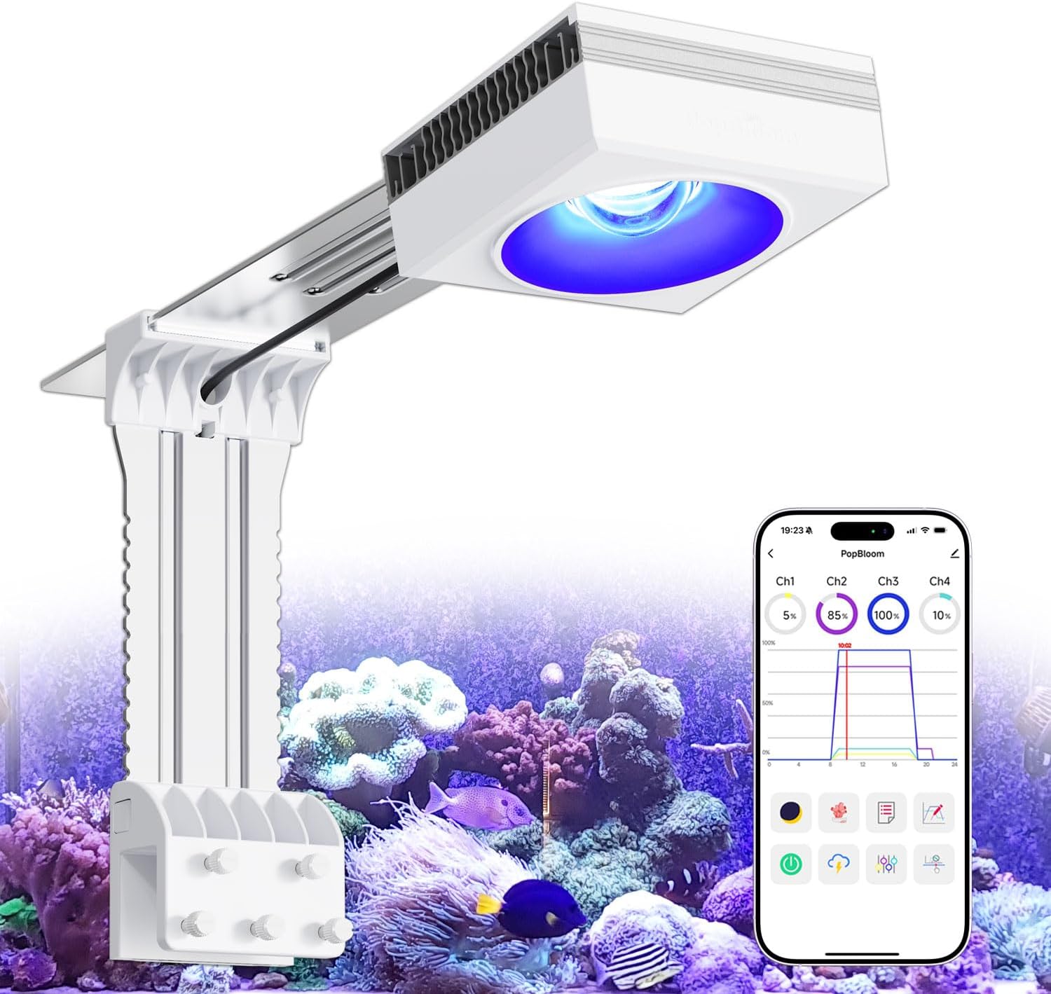 PopBIoom RL90 WiFi LED Aquarium Light, Reef Aquarium Lighting Full Spectrum for Marine SPS LPS Corals Saltwater Fish Tanks, APP Fully Programmable (RL90 with Arm Kit)