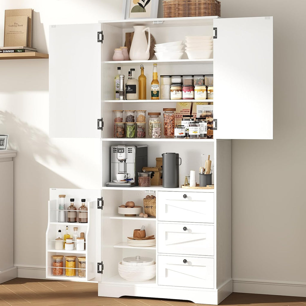 Farmhouse 71 Inch Kitchen Pantry Cabinet, Storage Cabinet with 3 Door Shelves and 3 Drawer, Versatile Storage for Kitchen, Dining Room, Living Room, White Wood Grain