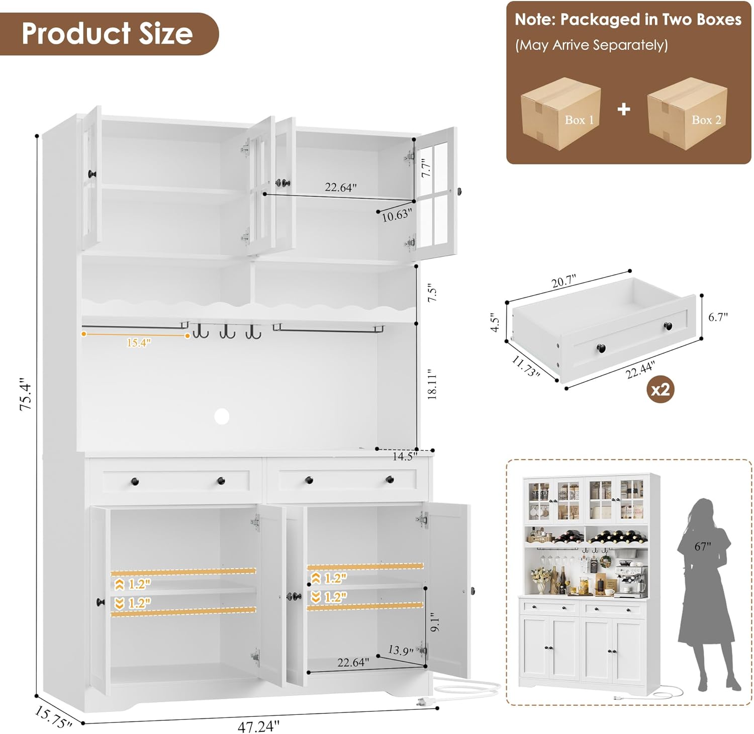 HOSTACK 75.4' Tall Kitchen Pantry Cabinet with Charging Station, Modern White Kitchen Hutch with Microwave Stand and Wine Racks, Large Food Pantry Storage Cabinet with Glass Doors and Drawers, White