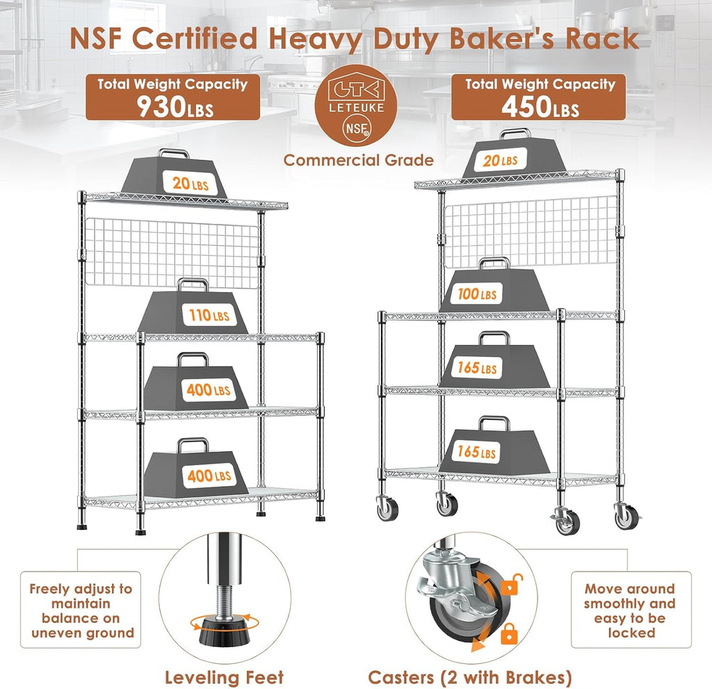 Leteuke Bakers Rack with Storage & Wheels, 42 Inch Microwave Stand Kitchen Shelves, 4-Tier Heavy Duty Storage Rack with 20 S-Hooks, Commercial Metal Utility Kitchen Cart, 42× 18× 63 Inch, Chrome