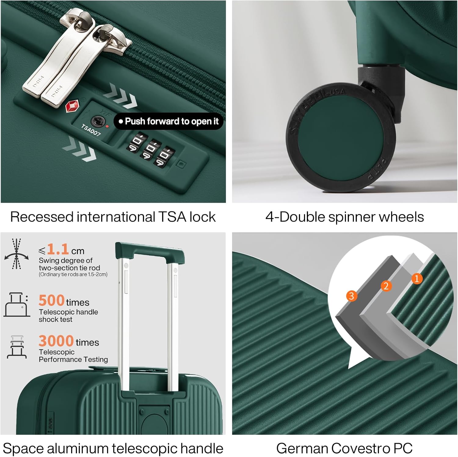 mixi Checked Luggage with Cup Phone Holder Hard Shell Rolling Travel Suitcases with Spinner Wheels,24 Inch Blackish Green