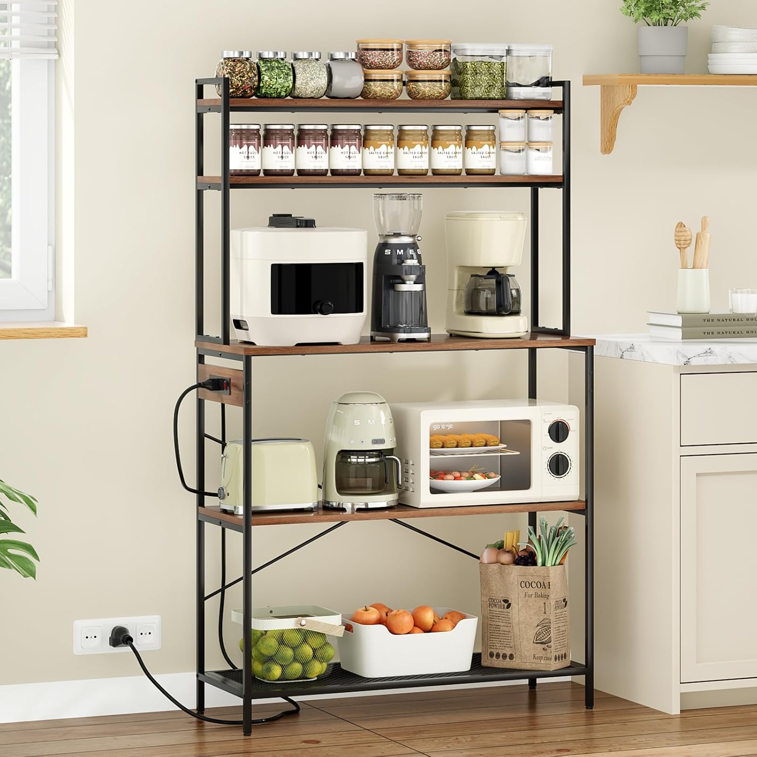 Large 5 Tier Bakers Rack with Electrical Outlets, 39 Inch Microwave Stand Coffee Bar, Kitchen Storage Shelf for Home, Counter Space Organizer