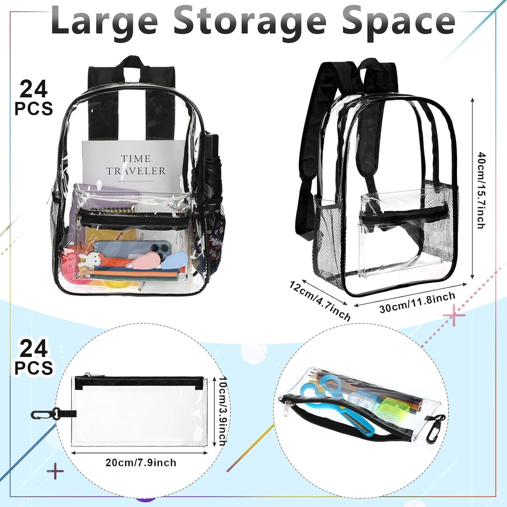 Cholemy 24 Set Clear Backpack with Pencil Case Bulk Heavy Duty PVC Transparent School Bag for Students Women Men Travel(Black)