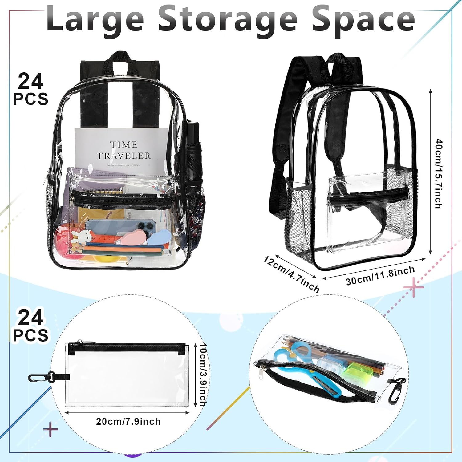 Cholemy 24 Set Clear Backpack with Pencil Case Bulk Heavy Duty PVC Transparent School Bag for Students Women Men Travel(Black)