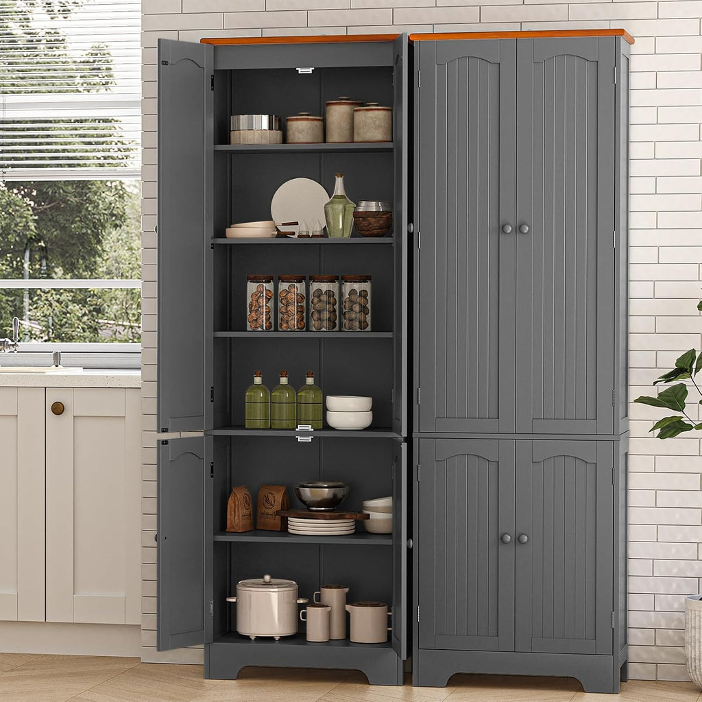 4 Door Pantry - 72.2'' Kitchen Cabinet with Adjustable Shelves, Freestanding Cupboard, Tall Storage Cabinets for Dining Room, Living Room, Laundry, Bathroom, Entryway, Grey