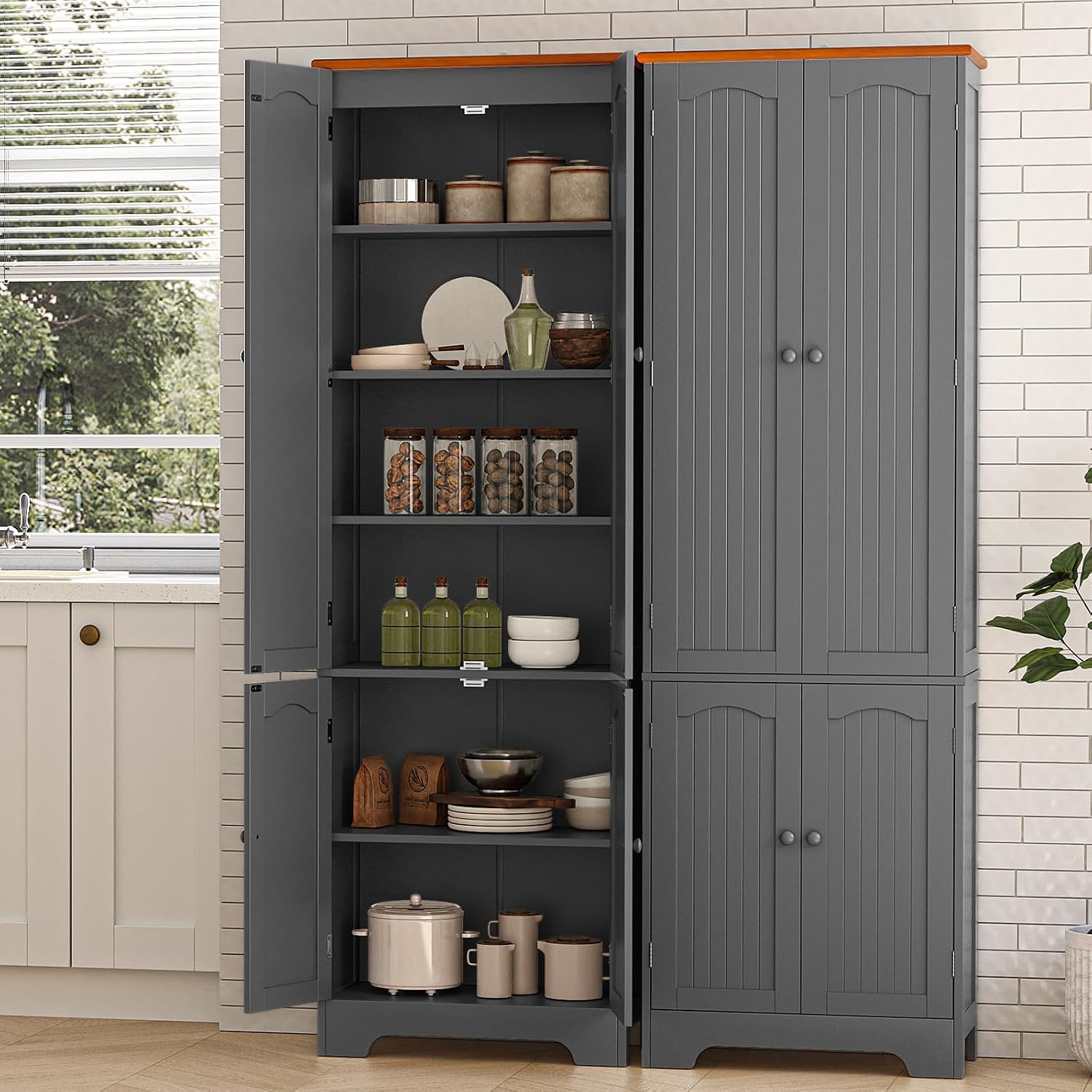 4 Door Pantry - 72.2'' Kitchen Cabinet with Adjustable Shelves, Freestanding Cupboard, Tall Storage Cabinets for Dining Room, Living Room, Laundry, Bathroom, Entryway, Grey