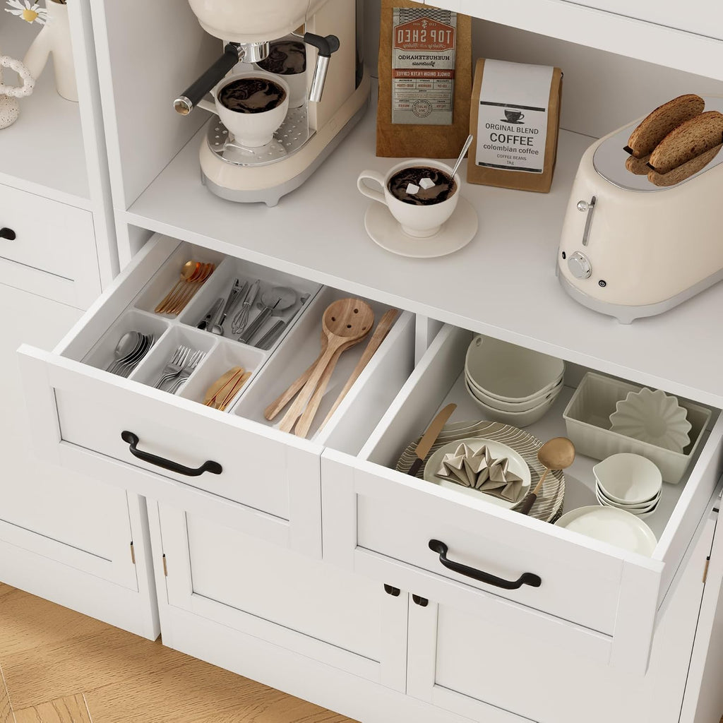 HOSTACK 71' Tall Kitchen Pantry Storage Cabinet, Modern Kitchen Hutch Bar Cabinet with Microwave Stand, Wood Buffet Sideboard with Hutch, Cupboard with Drawers, Shelves for Dining Room, White