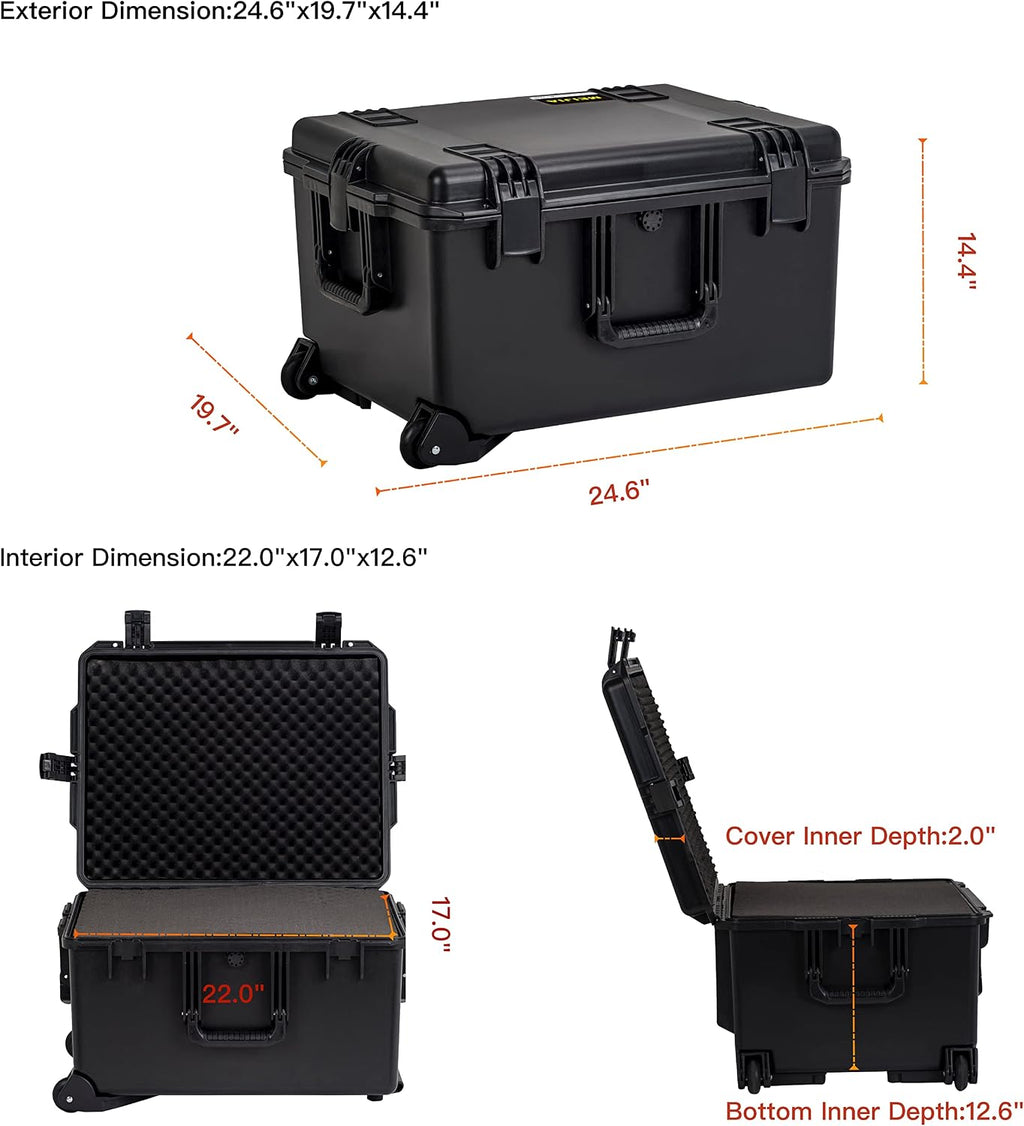 MEIJIA Portable All Weather Waterproof Rolling Hard Camera Case with Customizable Fit Foam and Wheels, 24.6'X19.7'X14.4',Elegant Black