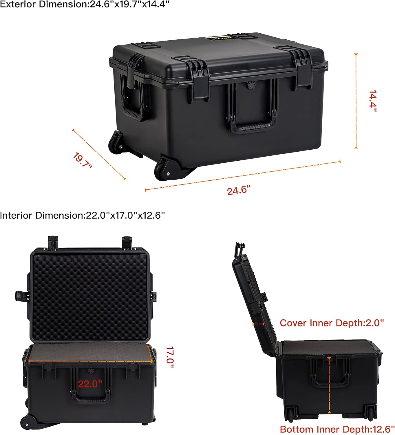 MEIJIA Portable All Weather Waterproof Rolling Hard Camera Case with Customizable Fit Foam and Wheels, 24.6'X19.7'X14.4',Elegant Black