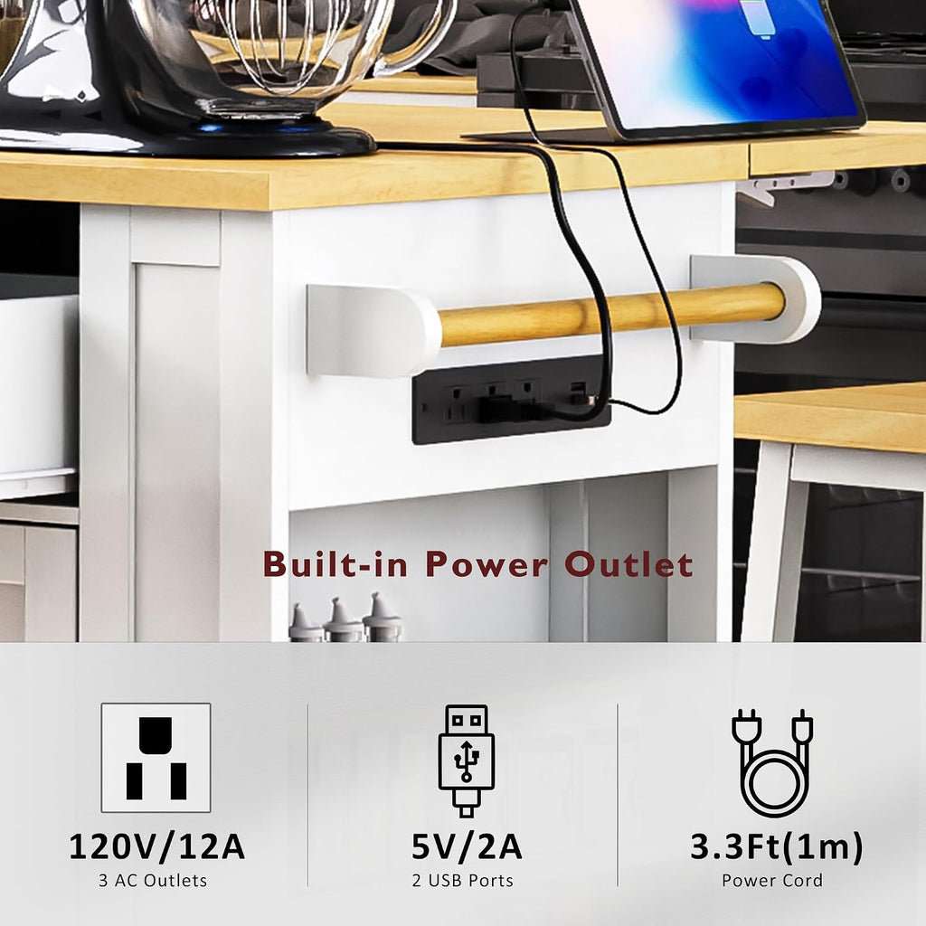 48 inch Rolling Kitchen Island Storage Cart on 5 Wheels with Drop Leaf, 2 Bar Stools, Power Outlet, Door Internal Storage Rack, 5 Open Side Racks, 2 Drawers for Dining Room, Home Bar White