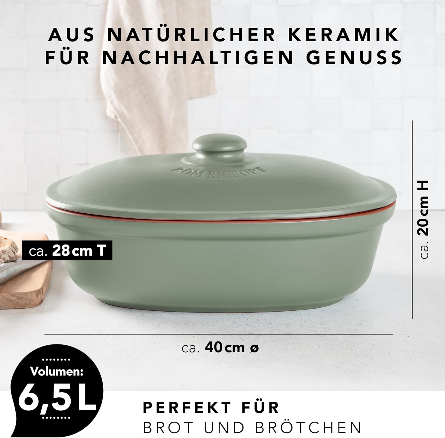 Romertopf Maxi Oval Bread Pot 6.5 Litres – Green Ceramic Bread Bin – Breathable Clay Pot for Long-Lasting Freshness of Bread and Rolls