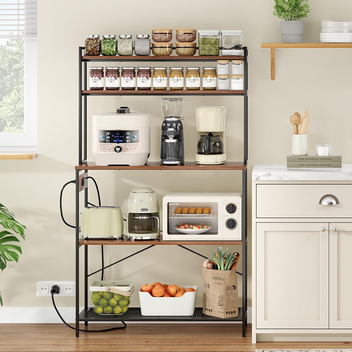 Large 5 Tier Bakers Rack with Electrical Outlets, 39 Inch Microwave Stand Coffee Bar, Kitchen Storage Shelf for Home, Counter Space Organizer