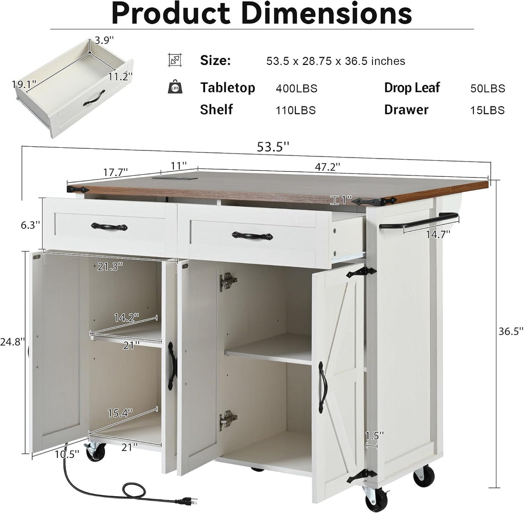 53.5' Farmhouse Rolling Kitchen Island Cart on Wheels with Power Outlet, Kitchen Storage Island with Drop Leaf, Spice Rack and Drawer for Dining Room Kitchens Living Room White