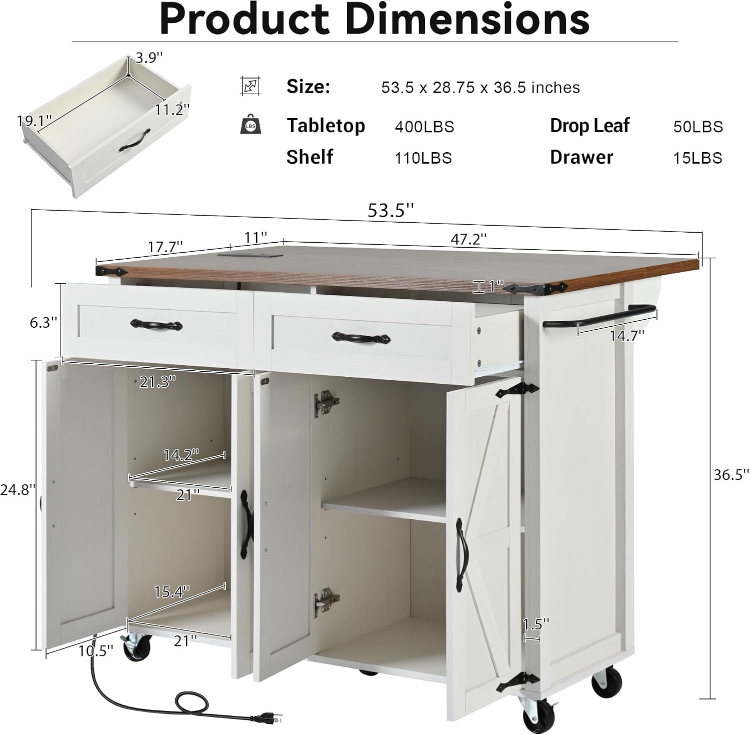 Farmhouse Kitchen Island,Large Rolling Kitchen Cart on Wheels White | Solid Wood Storage Island with Drop Leaf, Spice Rack and Drawer,Power Outlet