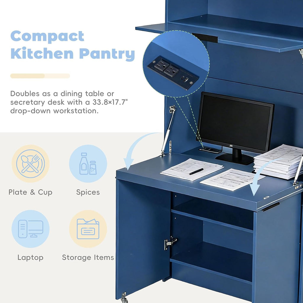 Farmhouse Pantry Cabinet with Foldable Workstation, 69' Tall Buffet with Hutch and Storage, Multifunctional Kitchen Cabinet with Adjustable Shelf and Power Outlet for Dining Room (Dark Blue)
